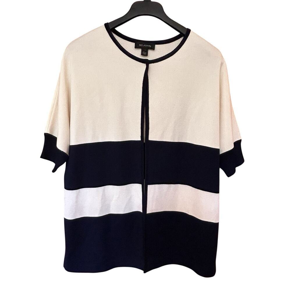 ST. JOHN Women’s Open Knit Cardigan Raglan Sleeve White Navy Colorblock Size L